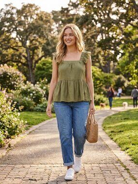 Bunulu Olive Green Ruffle Shoulder Peplum Top Medium